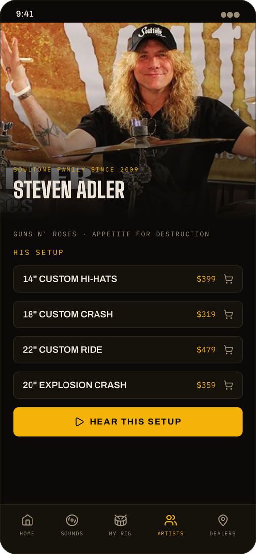 Artist profile screen with Steven Adler's setup
