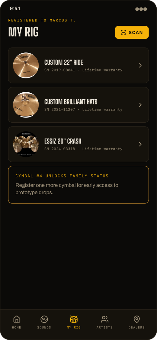My Rig screen with registered cymbals and scan button