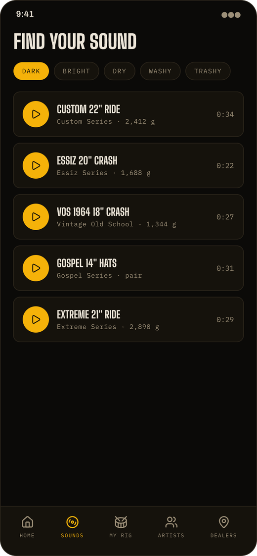Sound library screen with tone filters and play buttons